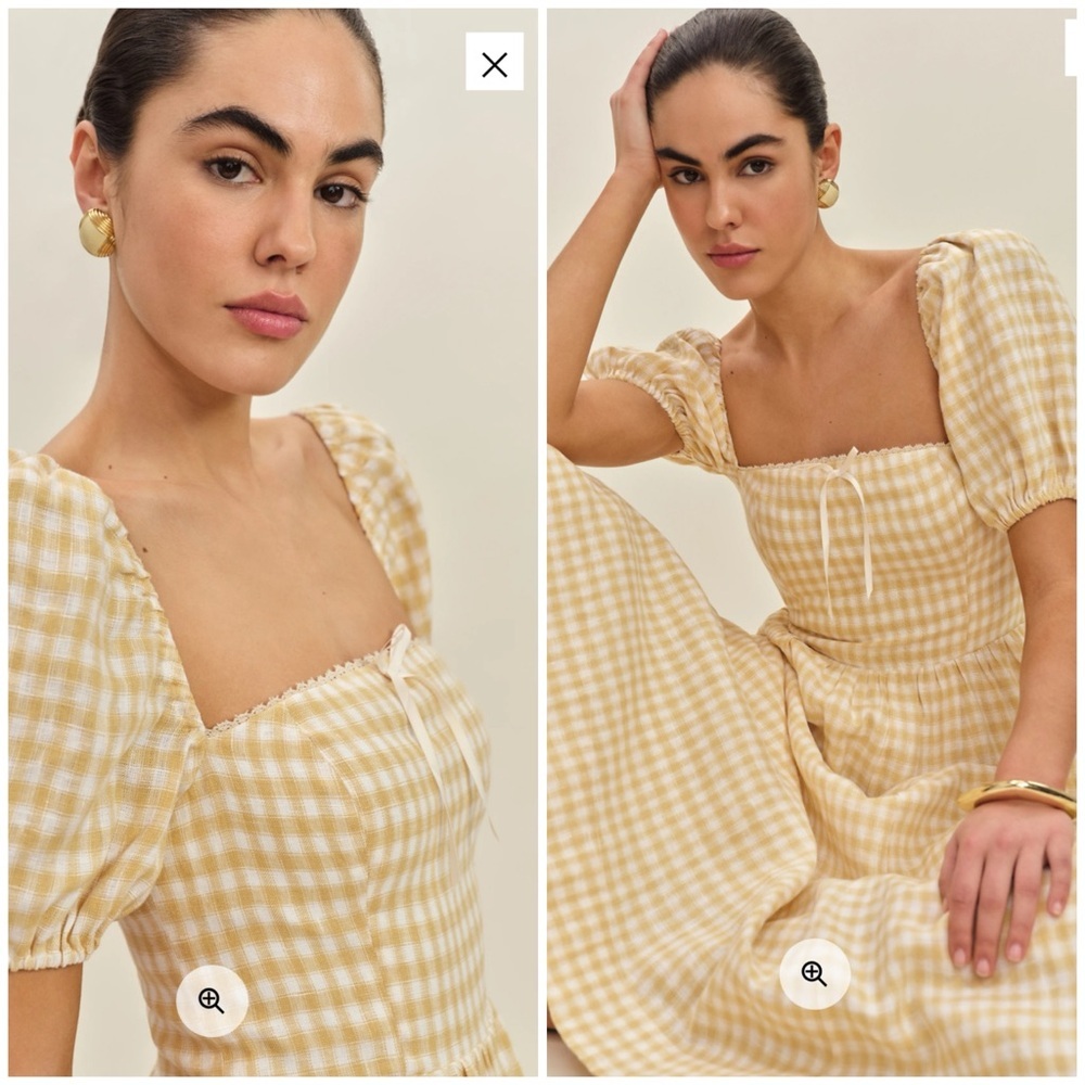 💋Reformation Marella puff sleeve linen Yellow Checkered gingham Dress. Size 6 - Picture 4 of 12
